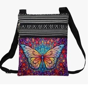 Stained Glass Pattern Crossbody Handbag with Zipper Butterfly for Woman